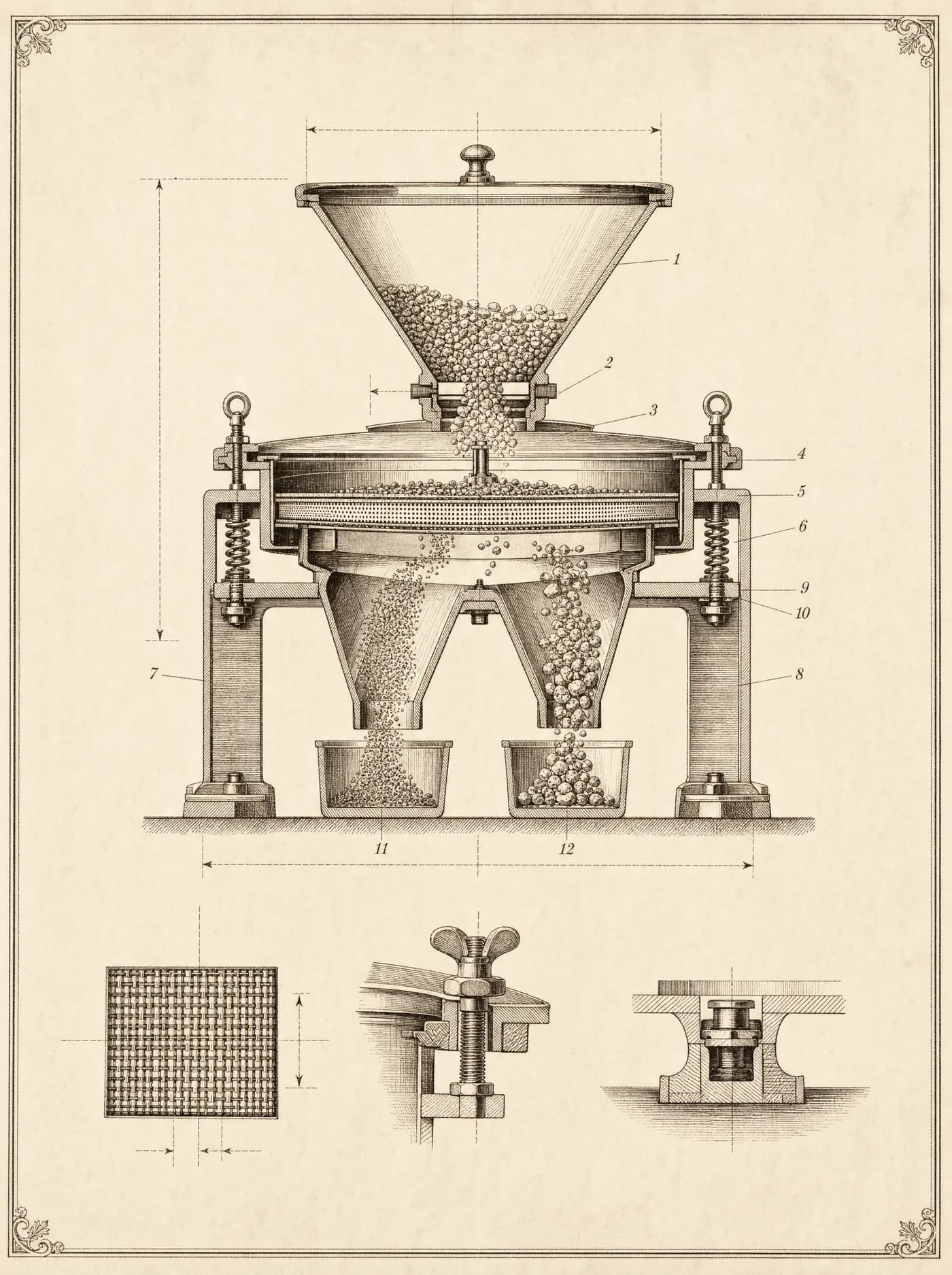 An engraved plate of the sorting apparatus, shown in section